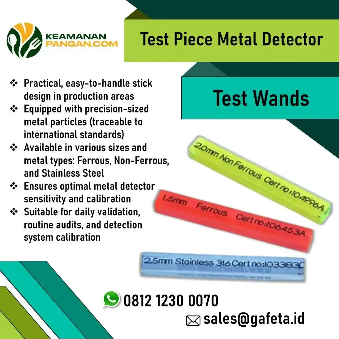 Jual Metal Detector Test Pieces​ Wand: Deteksi Kontaminasi Bentuk Tongkat